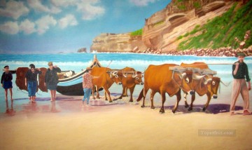 toros tirando del barco en la playa Pinturas al óleo